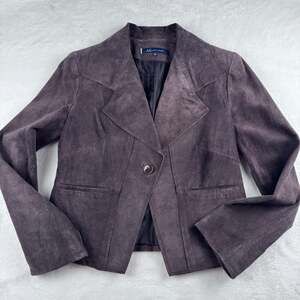AK Anne Klein Dark Brown Suede Leather Single Button Blazer Jacket